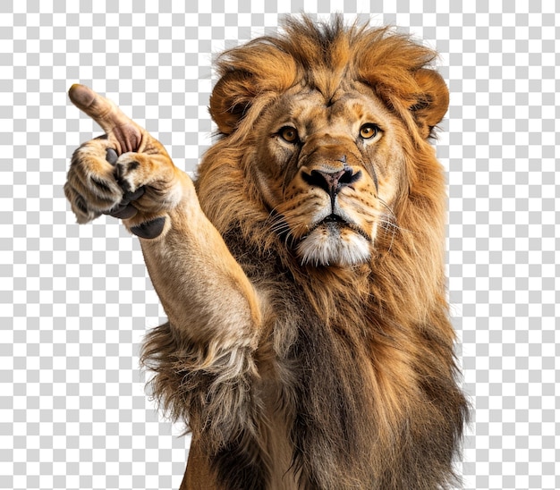 PSD a majestic lion with a voluminous mane its piercing gaze and raised paw pointing with authority comm