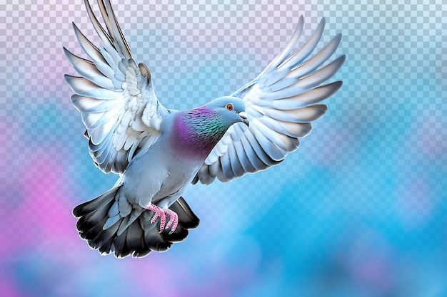 PSD majestic metallic pigeon in flight against blue sky