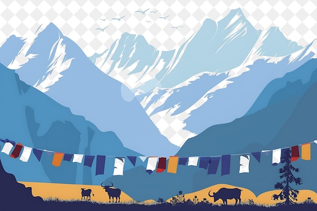 PSD majestic mountain landscape with colorful prayer flags and c illustration natural scenery design