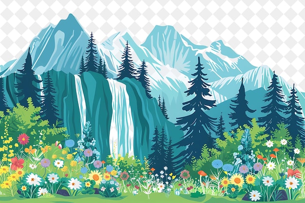 Majestic Mountainous Landscape With Cascading Waterfalls and Illustration Natural Scenery Design