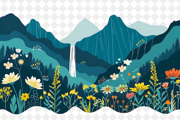 Majestic Mountainous Landscape With Cascading Waterfalls and Illustration Natural Scenery Design