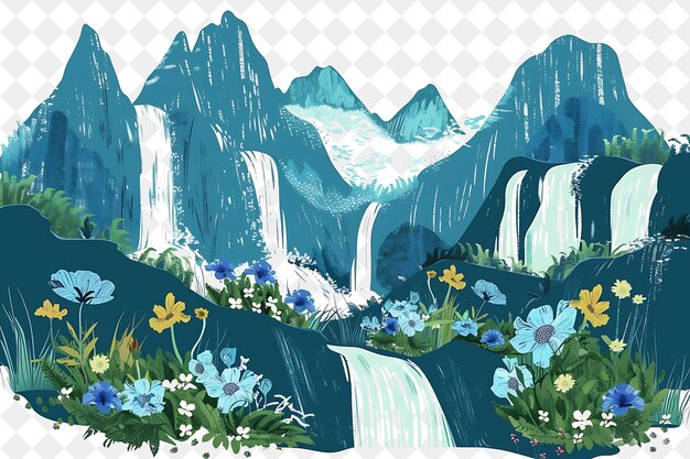 PSD majestic mountainous landscape with cascading waterfalls and illustration natural scenery design