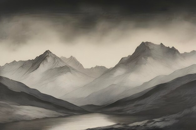 Majestic mountains rendered in aquatint splendor