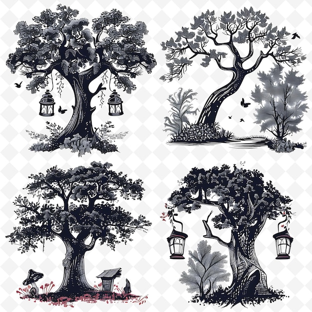 PSD majestic oak trees borderlines design with rustic lanterns d creative abstract art designs