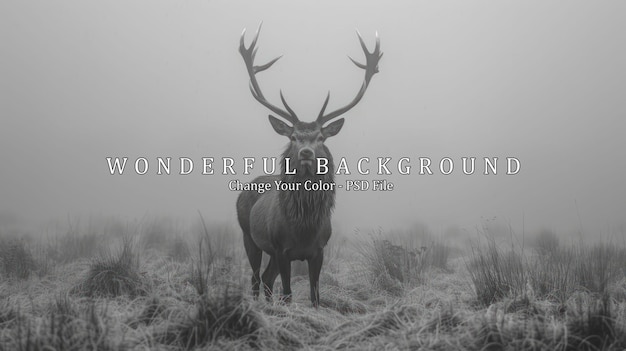 PSD majestic red deer buck in a foggy meadow