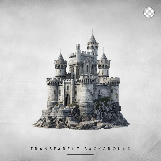 PSD majestic stone castle on a rocky cliff isolated on transparent background