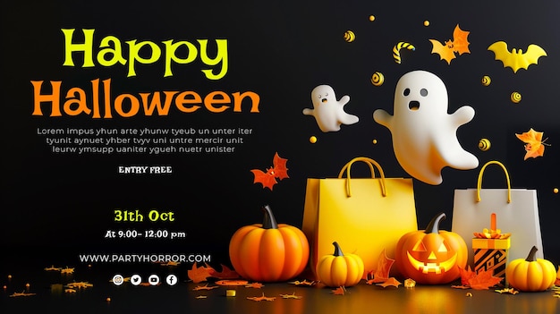 PSD make a happy halloween banner group of 3d illustration halloween pumpkinscute ghostcouponshoppin