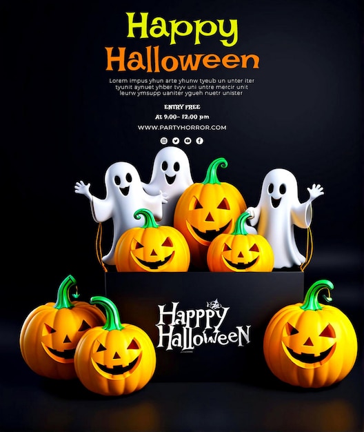 PSD make a happy halloween banner group of 3d illustration halloween pumpkinscute ghostcouponshoppin