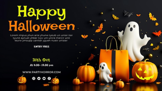 PSD make a happy halloween banner group of 3d illustration halloween pumpkinscute ghostcouponshoppin