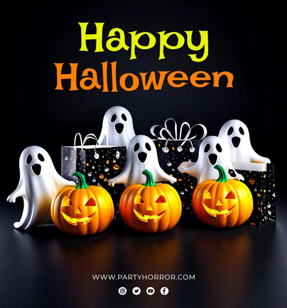 PSD make a happy halloween banner group of 3d illustration halloween pumpkinscute ghostcouponshoppin