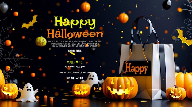 PSD make a happy halloween banner group of 3d illustration halloween pumpkinscute ghostcouponshoppin