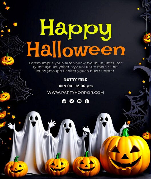 PSD make a happy halloween banner group of 3d illustration halloween pumpkinscute ghostcouponshoppin