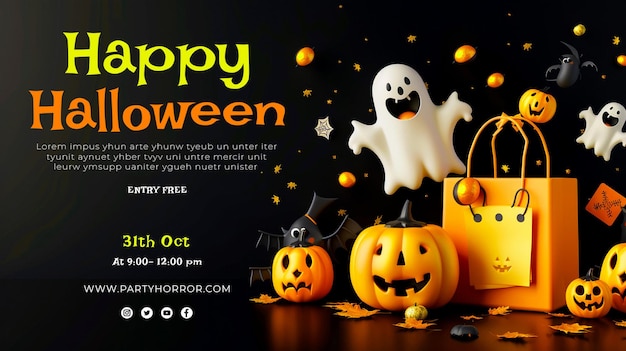 Make a Happy Halloween banner Group of 3D illustration Halloween pumpkinscute ghostcouponshoppin