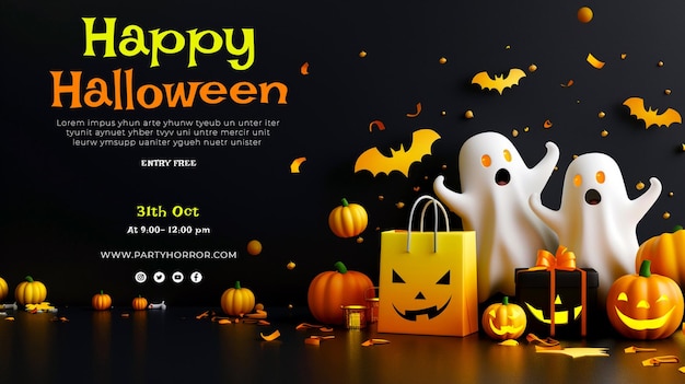 Make a Happy Halloween banner Group of 3D illustration Halloween pumpkinscute ghostcouponshoppin