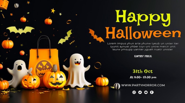 PSD make a happy halloween banner group of 3d illustration halloween pumpkinscute ghostcouponshoppin