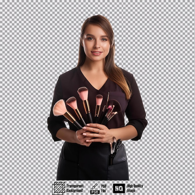 PSD makeup artist in work attire holding brushes standing and facing forward