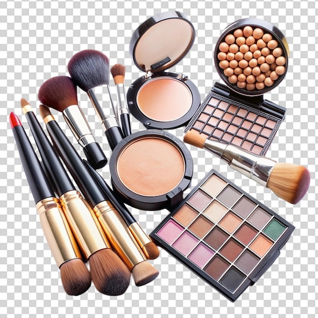 Makeup brushes and products are arranged in a visually pleasing manner on a table on transparent background