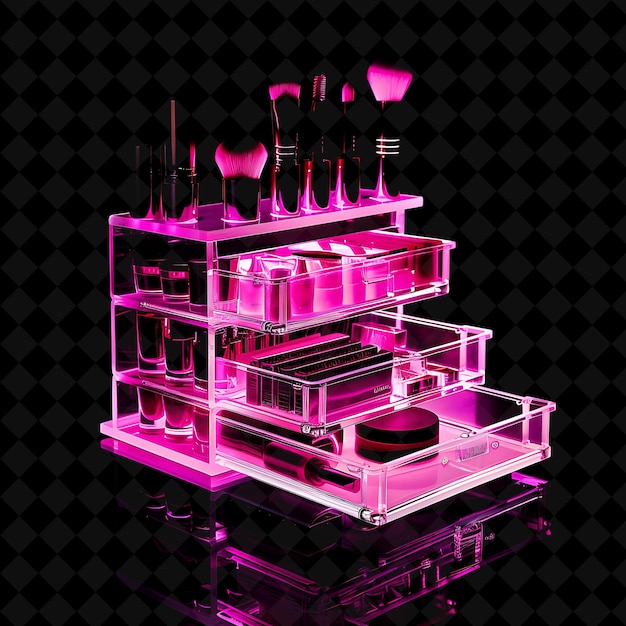 PSD makeup organizer with drawers made with acrylic organizer wi neon object on dark background