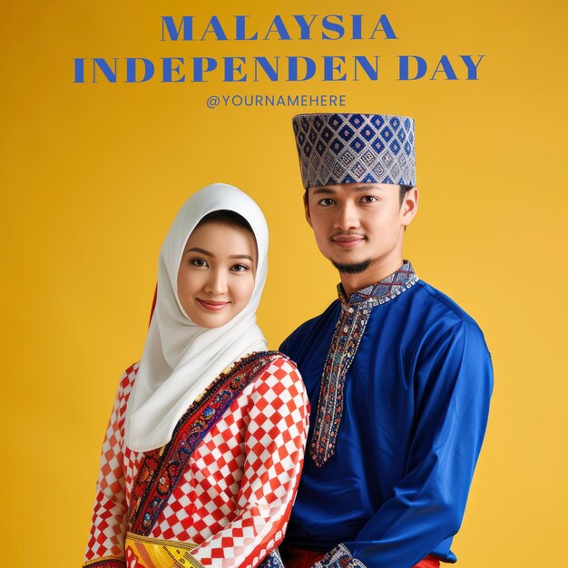 PSD malaysian independence day poster with the posture of a malaysian person wearing traditional malaysi