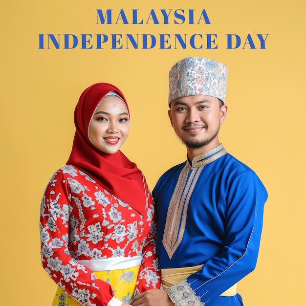 PSD malaysian independence day poster with the posture of a malaysian person wearing traditional malaysi