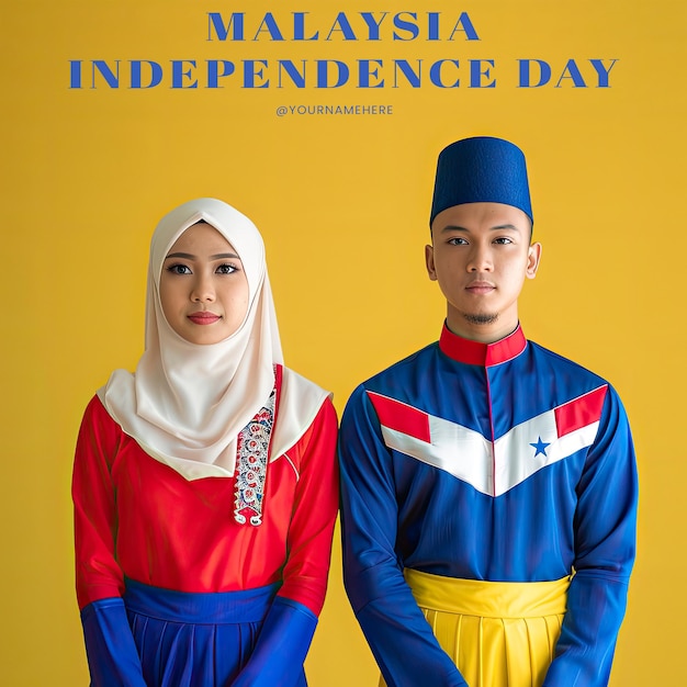 Malaysian independence day poster with the posture of a Malaysian person wearing traditional Malaysi