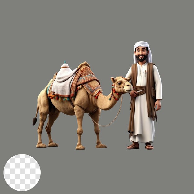 male 3d character muslim with camel cartoon style