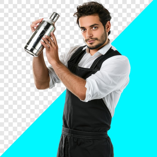 PSD male bartender shakes aluminum bottle drink transparent background