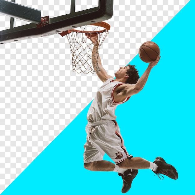 PSD male basketball player jump dunk the ball into the basketball basket transparent background