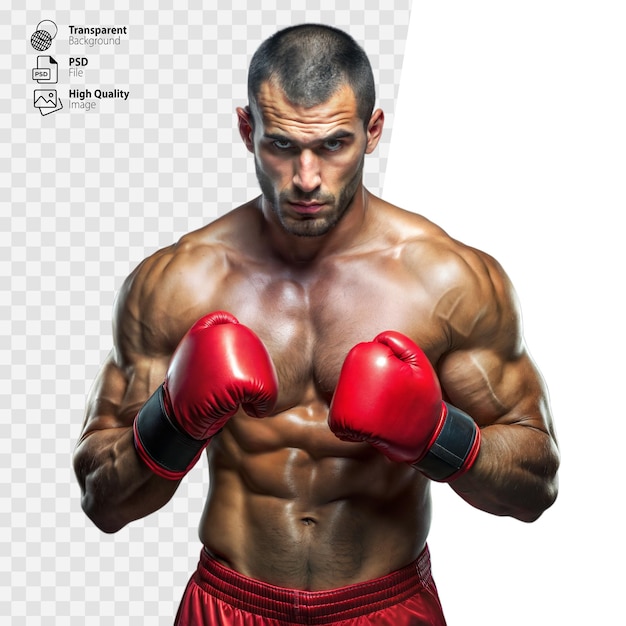 Male Boxer Posing in Boxing Gloves on Transparent Background