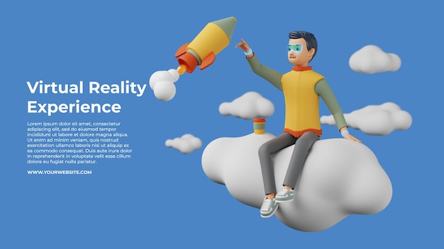 Male character using VR sitting on the cloud and pointing to flying rocket 3d illustration