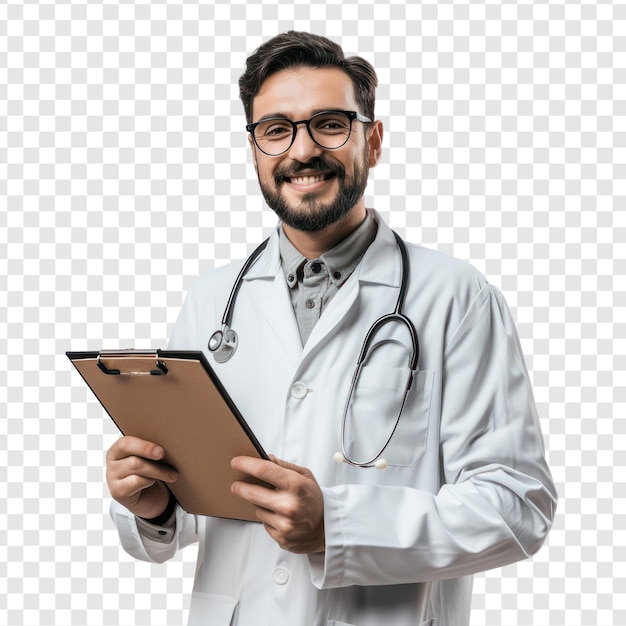 PSD male doctor holding clipboard smiling on transparency background psd