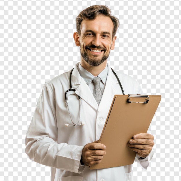 PSD male doctor holding clipboard smiling on transparency background psd