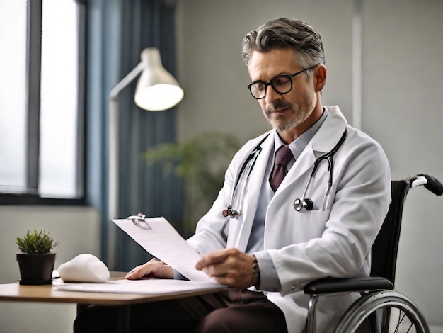 A male doctor sitting her hospital office chair and looking at her patient treatment document