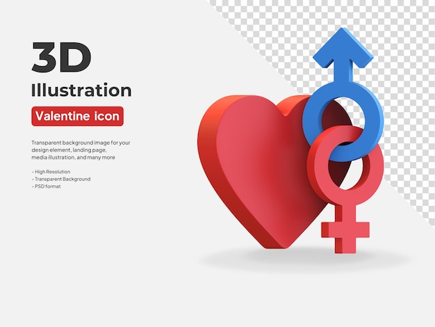 PSD male and female symbol with heart love valentine day icon 3d render illustration