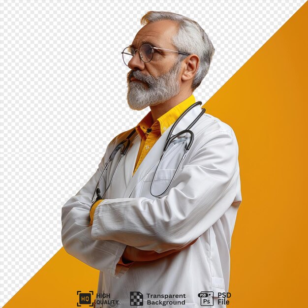 male grayhaired doctor in a lab coat working in diagnostic center png psd