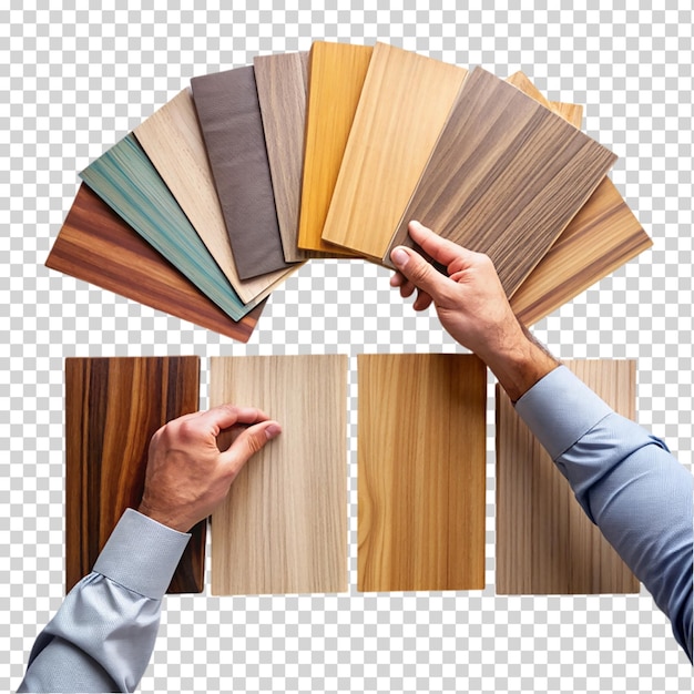 PSD male hand choosing sample of wooden panel for furniture on transparent