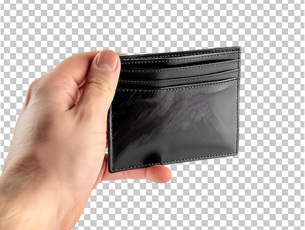 PSD male hands holding an empty black wallet isolated against a transparent background