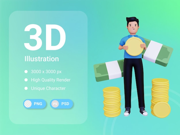 Male Investor holding profit money 3D Illustration