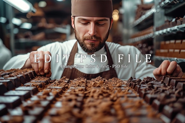 male master chef chocolatier working in artisanal professional chocolate laboratory