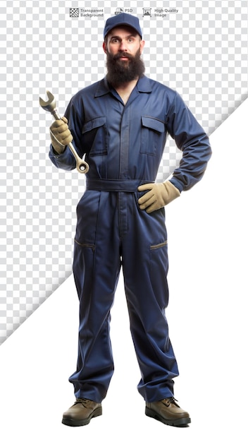 PSD male mechanic holding wrench in blue uniform