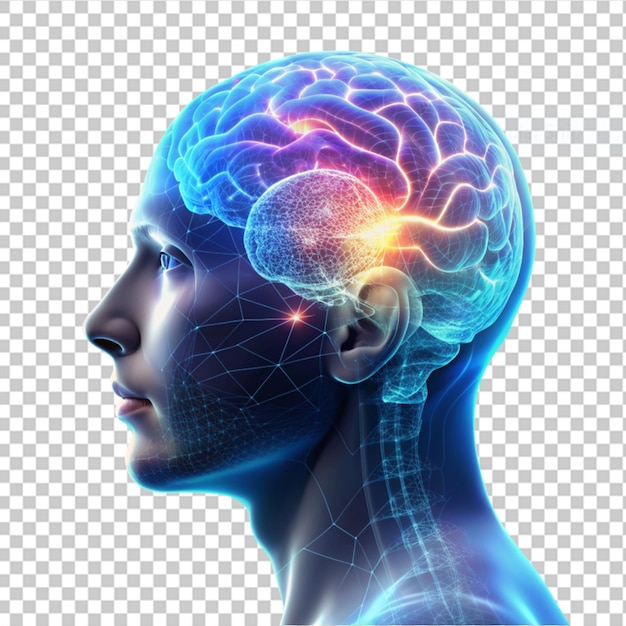 male medical figure with brain highlighted on transparent background