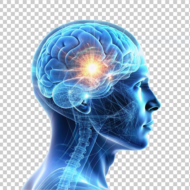 male medical figure with brain highlighted on transparent background