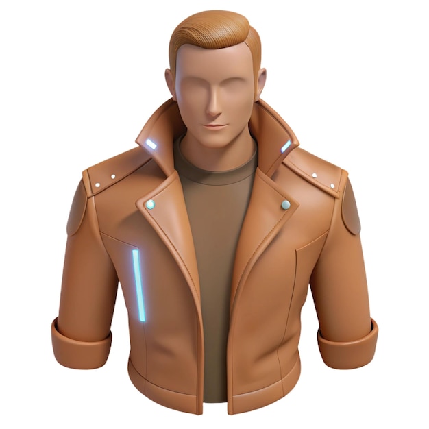 a male model with a brown leather jacket and a blue light on the front