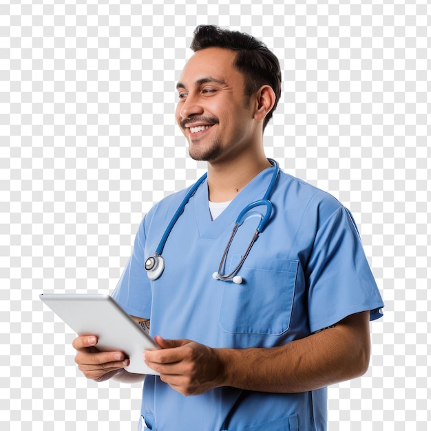 male nurse smiling holding tablet looking at somethingon transparency background PSD