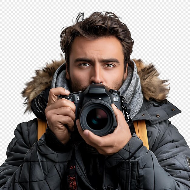 PSD male photographer on isolated transparent background