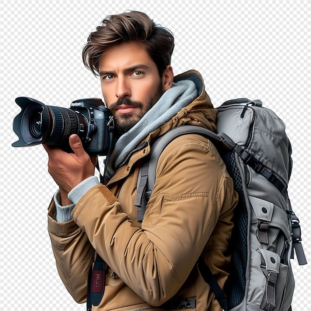 PSD male photographer on isolated transparent background