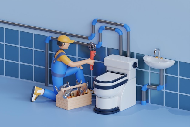 A male plumber inspects pipes for the central water supply of the toilet Plumber in the bathroom