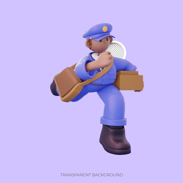 male postal worker carrying package running in hurry pose from right