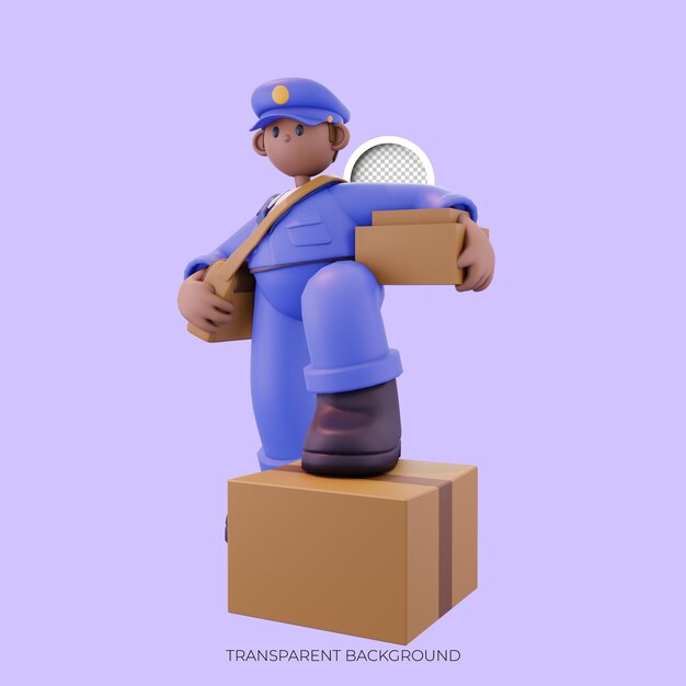 male postal worker stepping on a parcel box poses from the left