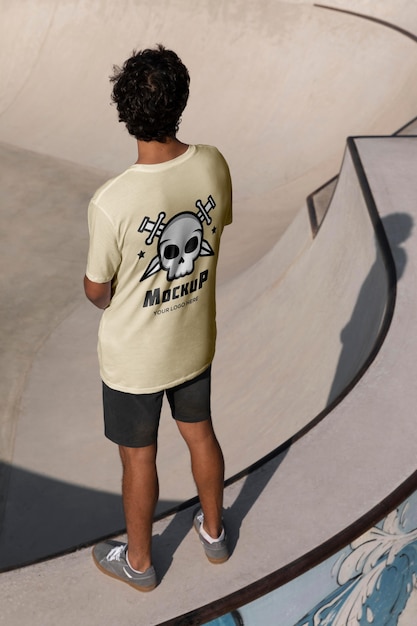 Male skateboarder with mock-up t-shirt